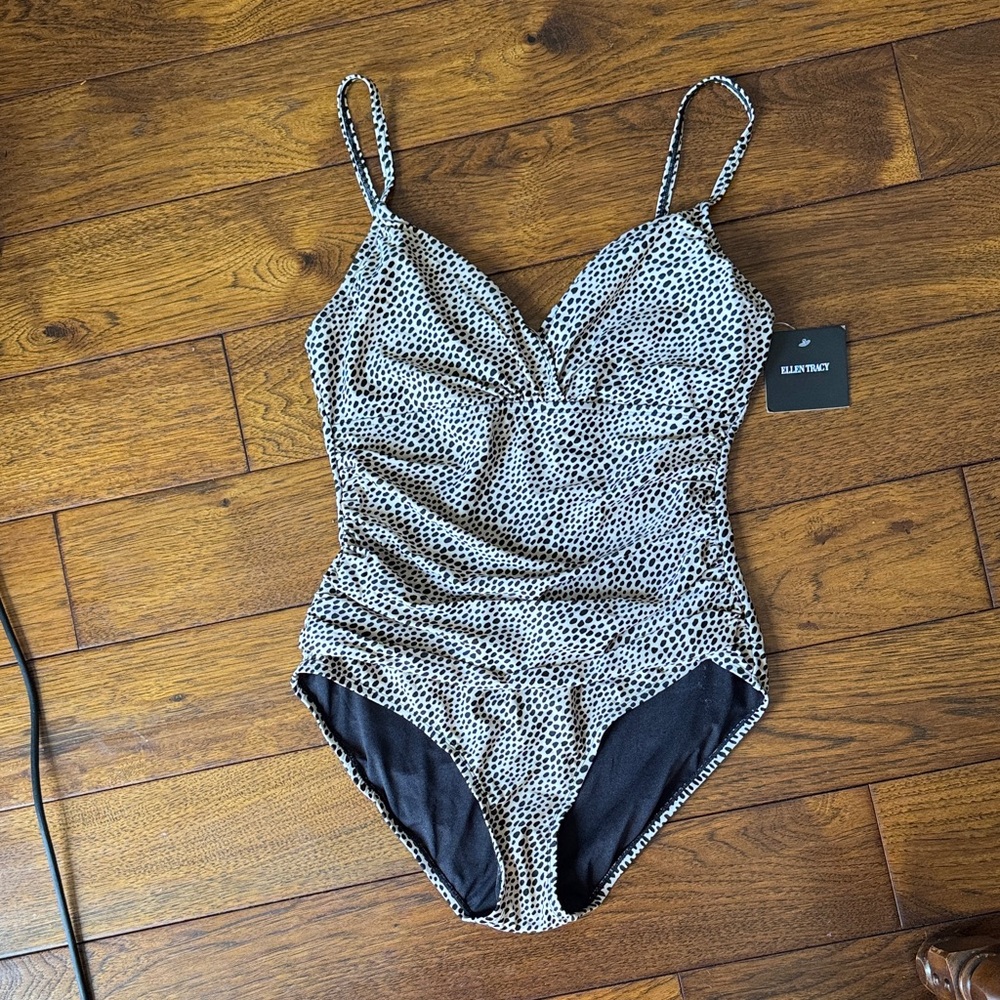 Ellen Tracey Cream and Black Dotted Leopard One-Piece Swimsuit